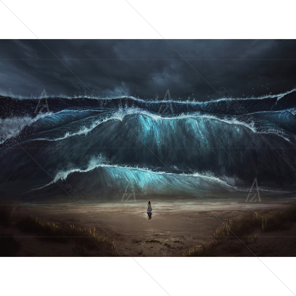 Woman Standing alone Before Tidal Wave — Illustrations Tsunami custom art by ArtzFolio