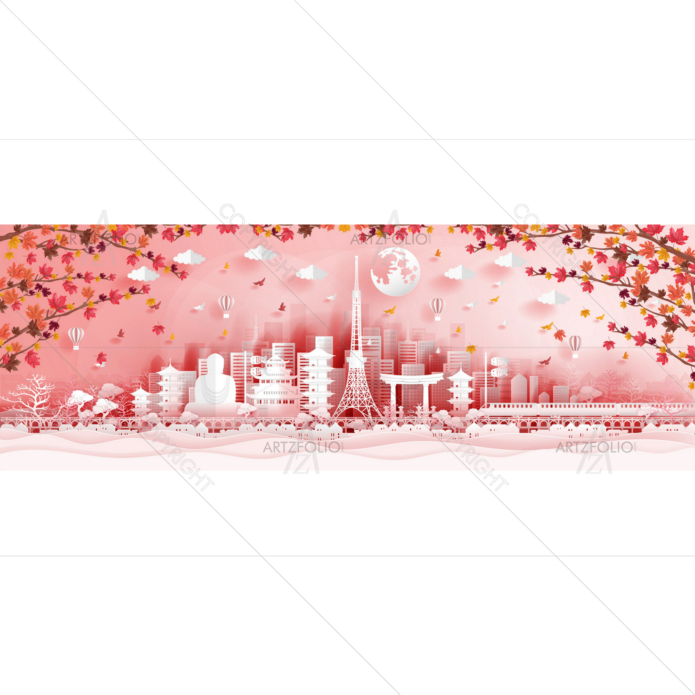 Japan Famous Landmarks with Maple Leaves — Devotional custom art by ArtzFolio