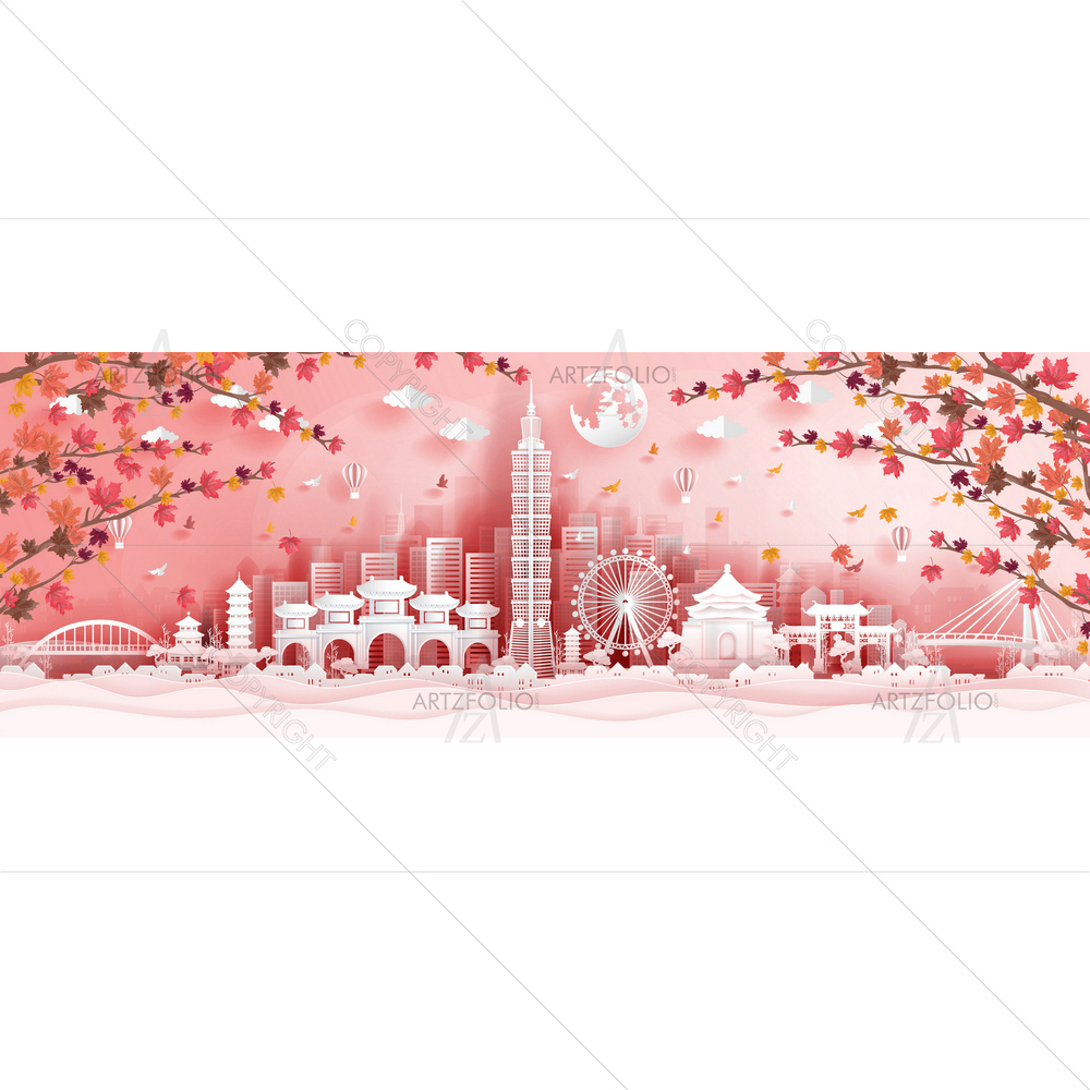 Taipei Famous Landmarks with Maple Leaves — Devotional custom art by ArtzFolio