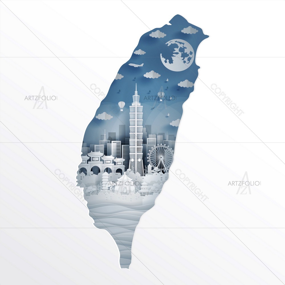 Taipei Map with Famous Landmarks — Architecture custom art by ArtzFolio
