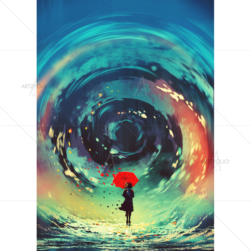 Girl with Red Umbrella Makes Swirling Water in Sky — Circle custom art by ArtzFolio