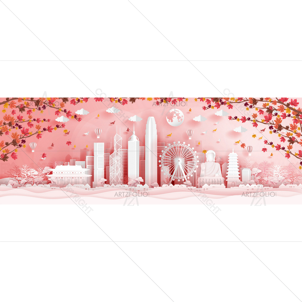 Hong Kong Famous Landmarks with Maple Leaves — custom-size art design 5014198