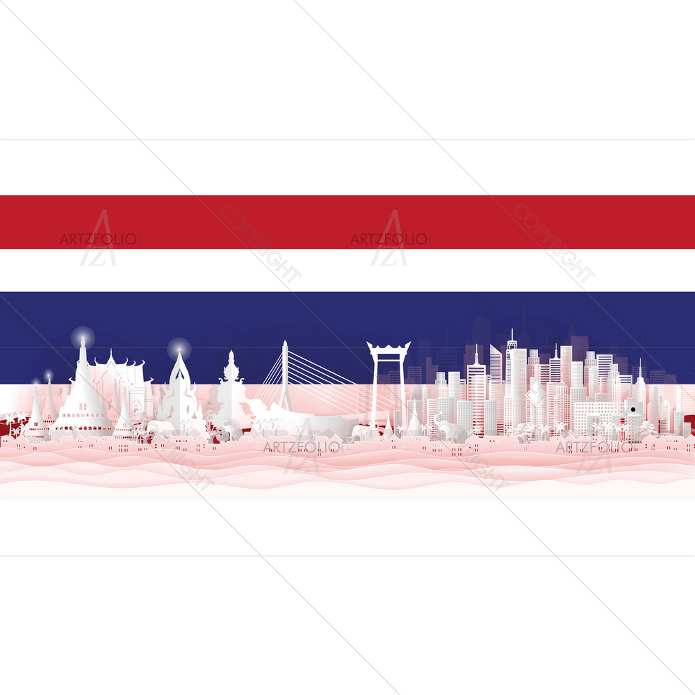 Thailand Famous Landmarks with Thai Flag — custom-size art design 5014199