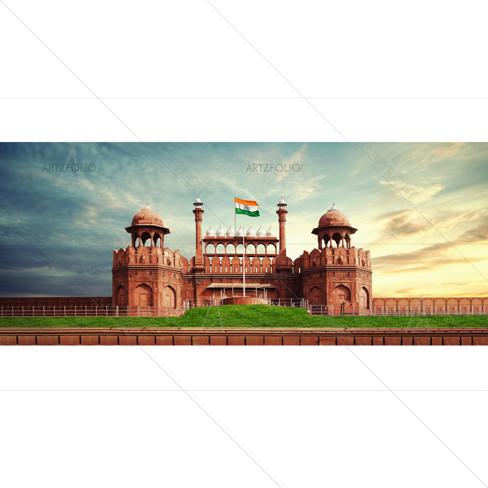 Red Fort with Indian Flag, Delhi, India — Devotional custom art by ArtzFolio