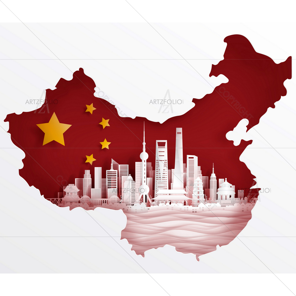 Shanghai, China Flag with Famous Landmarks — Automobiles custom art by ArtzFolio