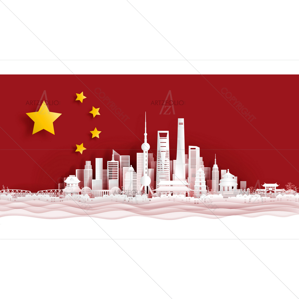 Landmarks of Shanghai, China with Flag — custom-size art design 5014230