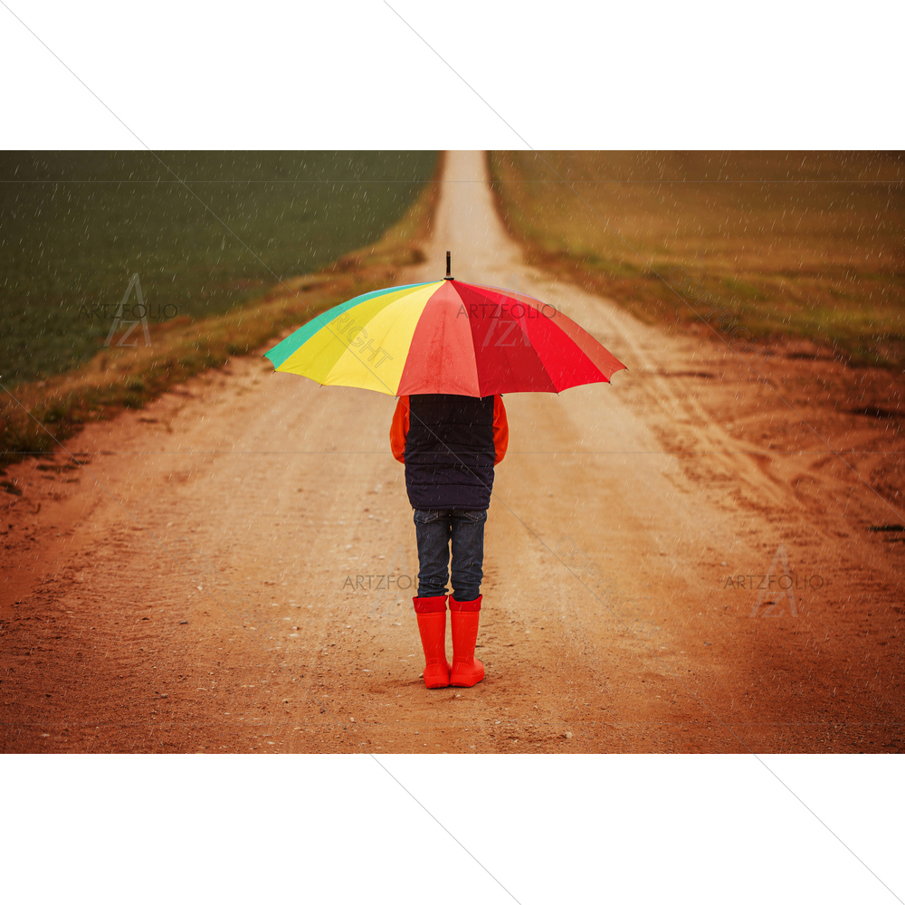 Child in Rubber Boots Holding Umbrella — custom-size art design 5014235