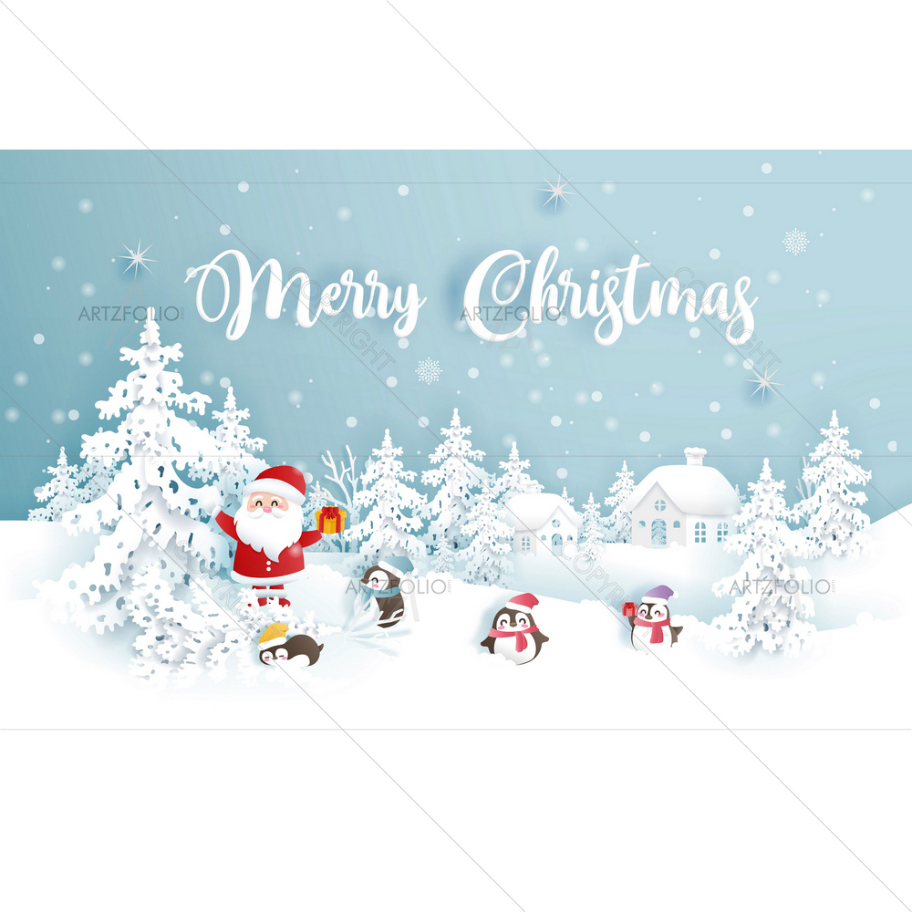 Santa and Penguins in Snow Forest — custom-size art design 5014282