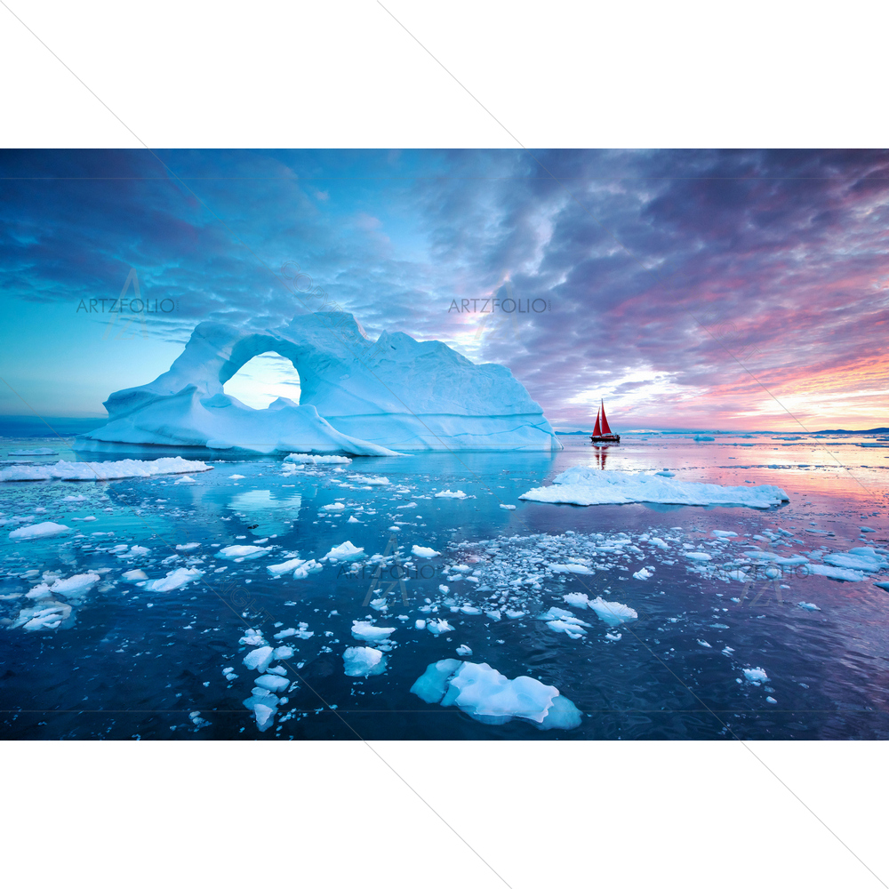 Red Sailboat Cruising among Floating Icebergs, Greenland — custom-size art design 5014311