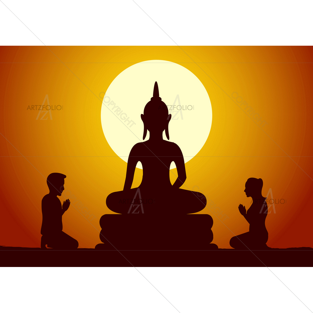 Buddhist Couple Paying Respect to Buddha Sculpture — Devotional custom art by ArtzFolio