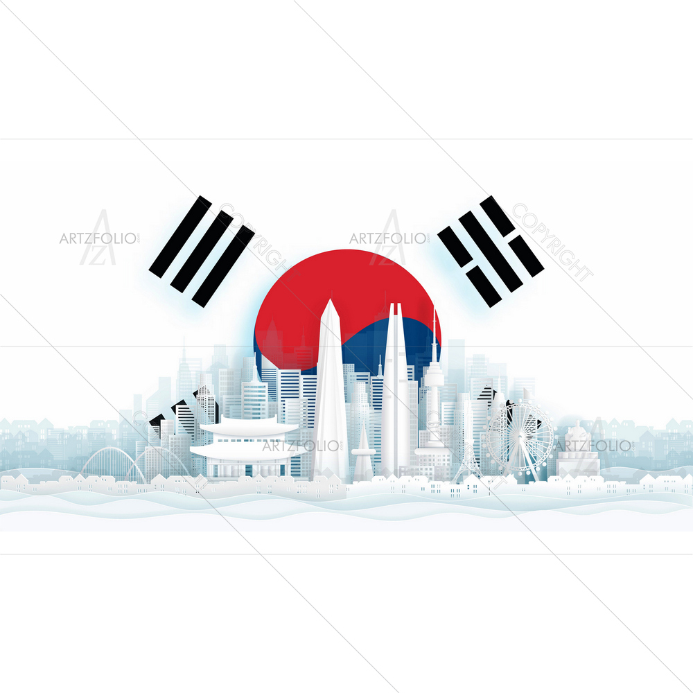 South Korea Flag and Famous Landmarks — Abstract custom art by ArtzFolio