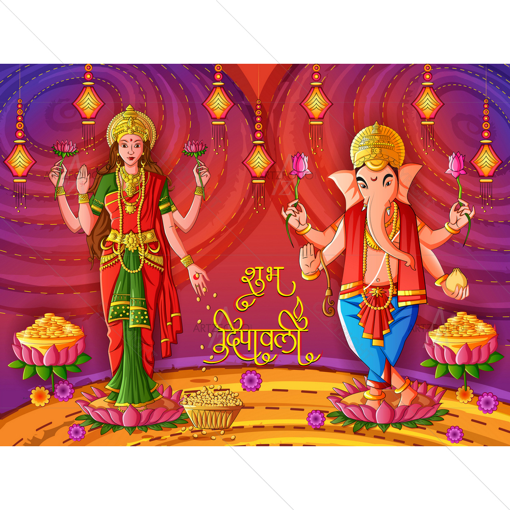 Hindu Goddess Lakshmi and God Ganesha — Devotional custom art by ArtzFolio