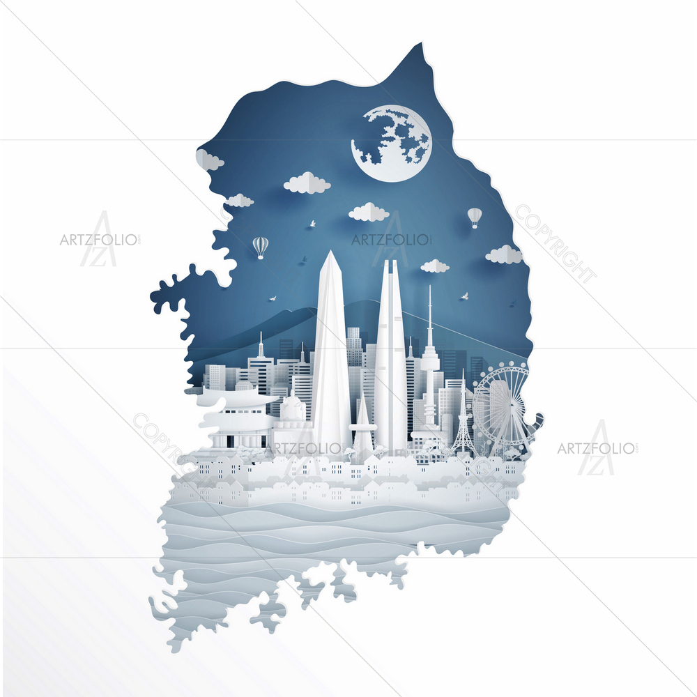 South Korea Map with Famous Landmarks — custom-size art design 5014356