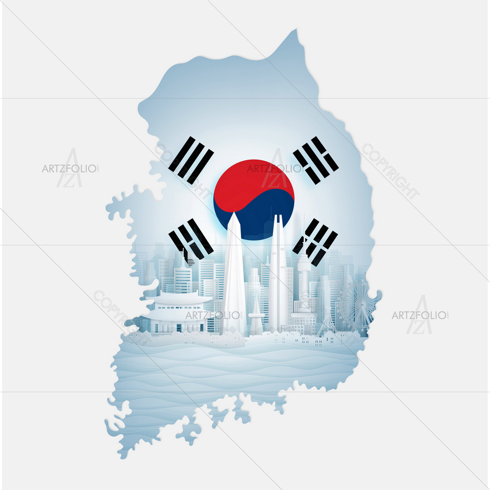 South Korea Flag and Map with Famous Landmarks — Architecture custom art by ArtzFolio