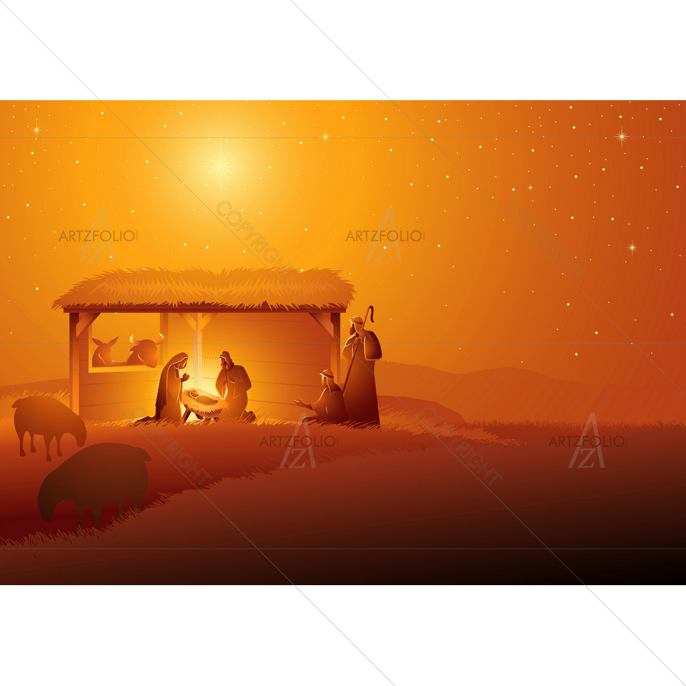 The Holy Family in Stable Biblical Scene — Devotional custom art by ArtzFolio