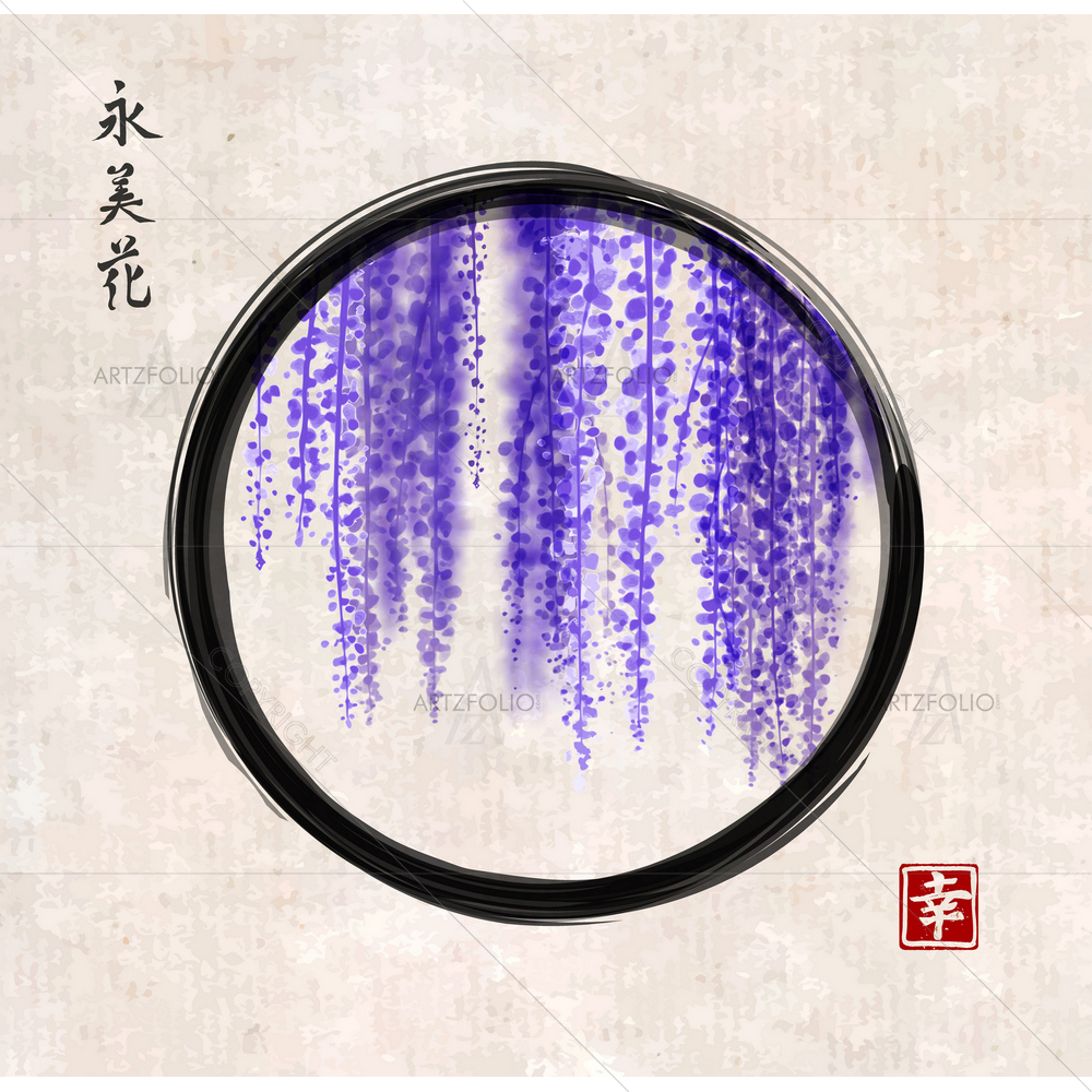 Hand Drawn Wisteria in Enso Zen Circle — Botanical custom art by ArtzFolio