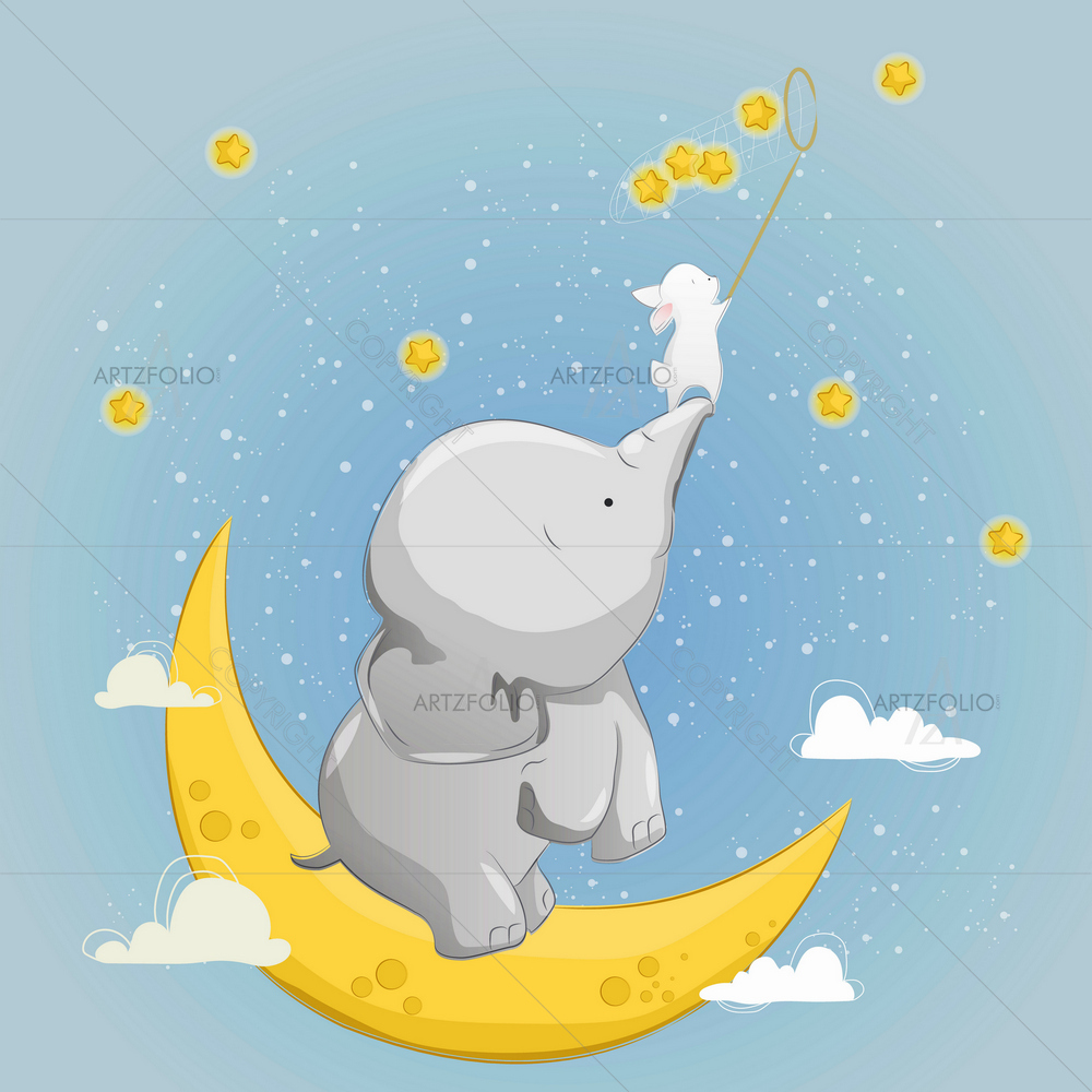 Elephant Helping Bunny Catch Stars — Animals custom art by ArtzFolio