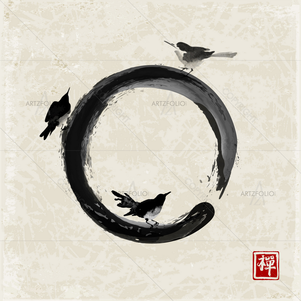 Black Birds and Enso Zen Circle D2 — custom-size art design 5014554
