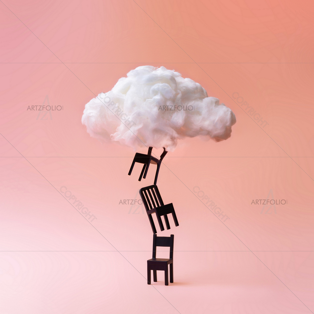 Minimal Stacked Chairs with Cloud — Abstract custom art by ArtzFolio