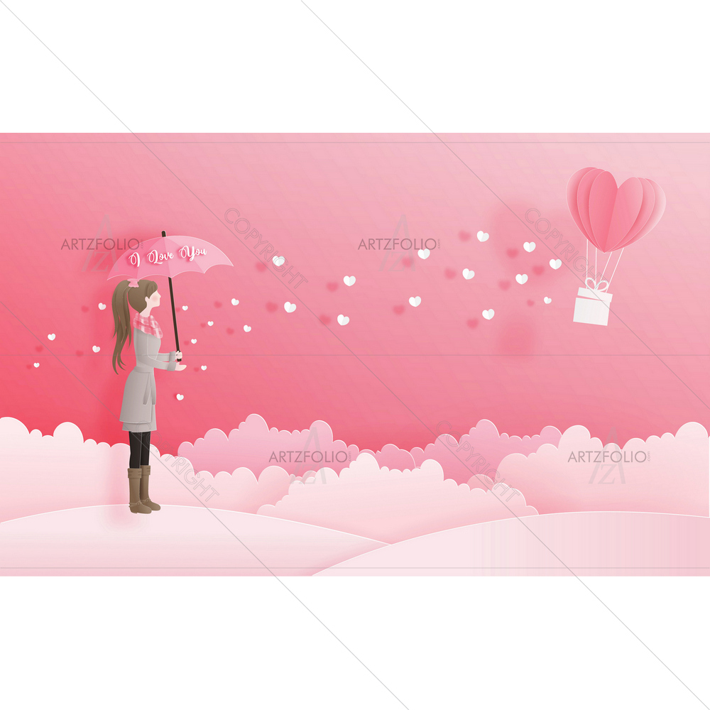 Girl Holding Umbrella Looking at Heart Balloon — custom-size art design 5014671