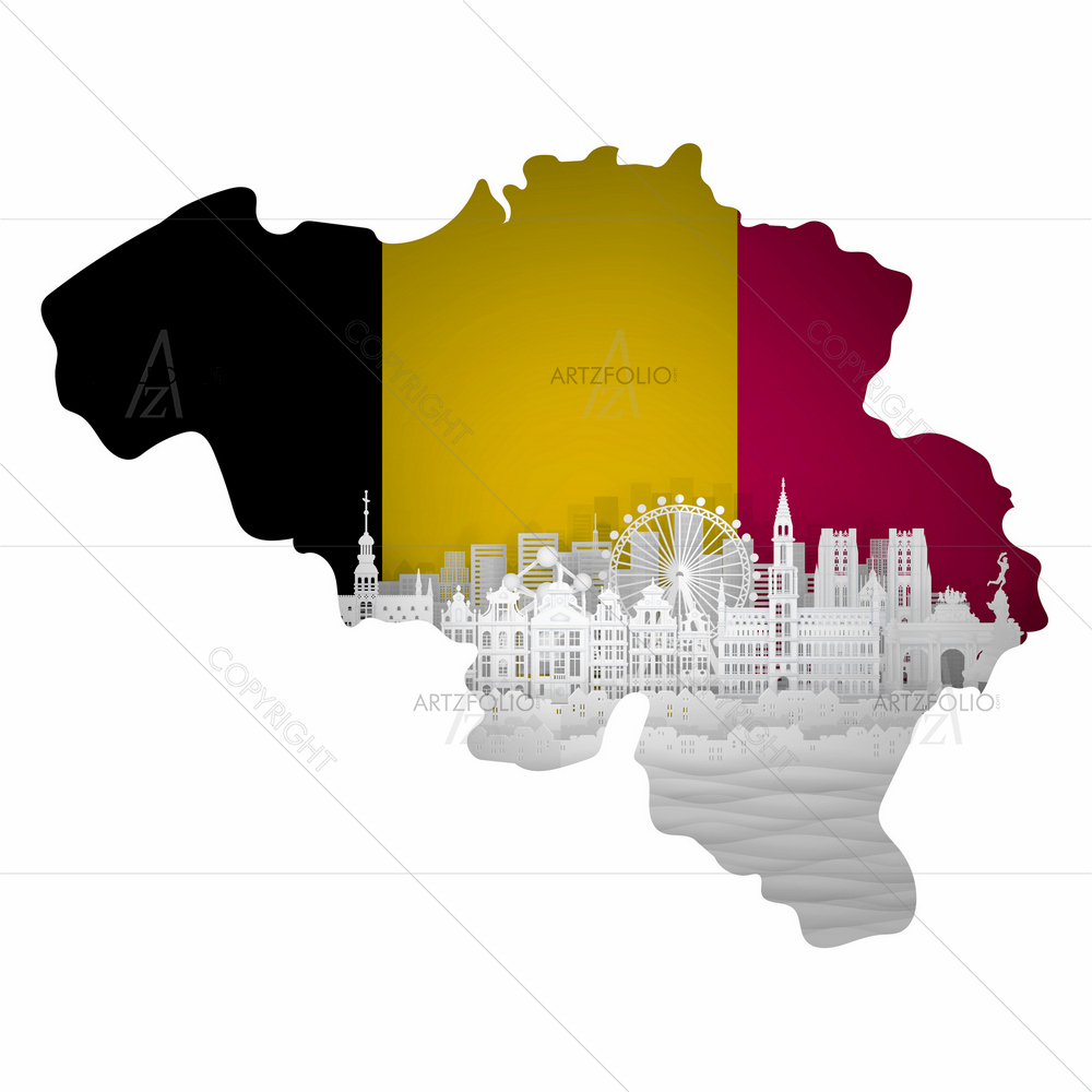 Belgium Map with Famous Landmarks — Architecture custom art by ArtzFolio