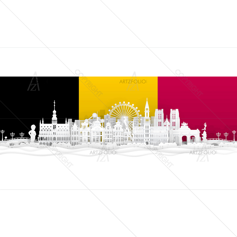 Belgium Flag with Its Famous Landmarks — custom-size art design 5014706