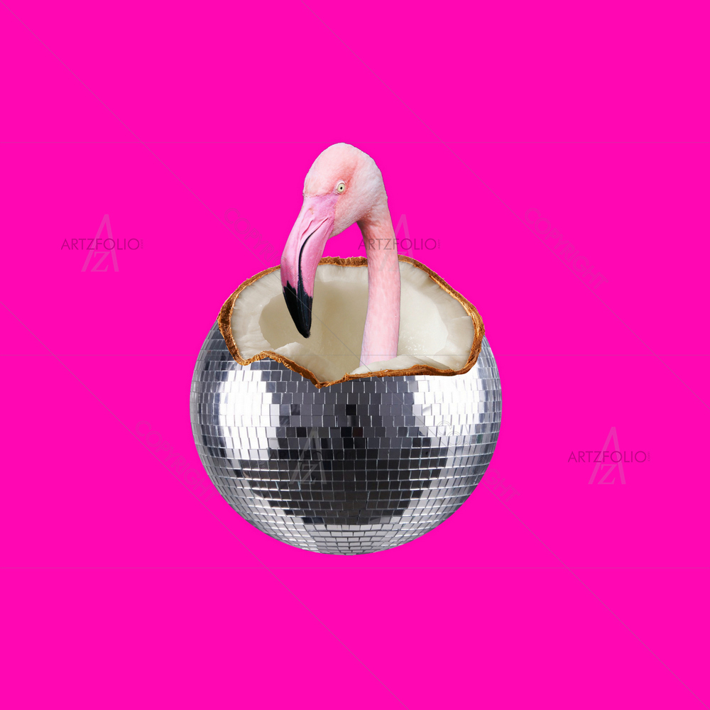 Coconut Disco Ball and Flamingo — Ancient custom art by ArtzFolio