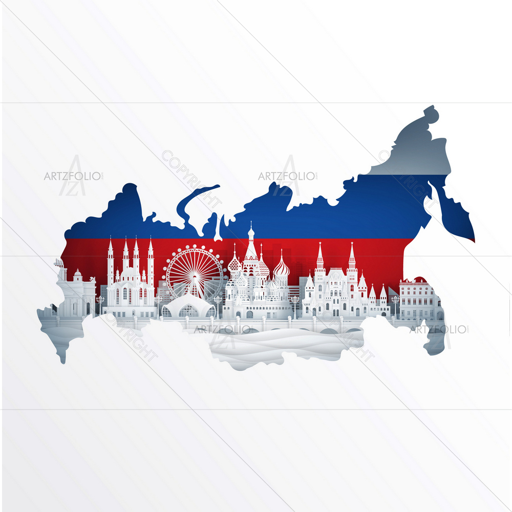 Russia Map Flag and Famous Landmarks — Architecture custom art by ArtzFolio