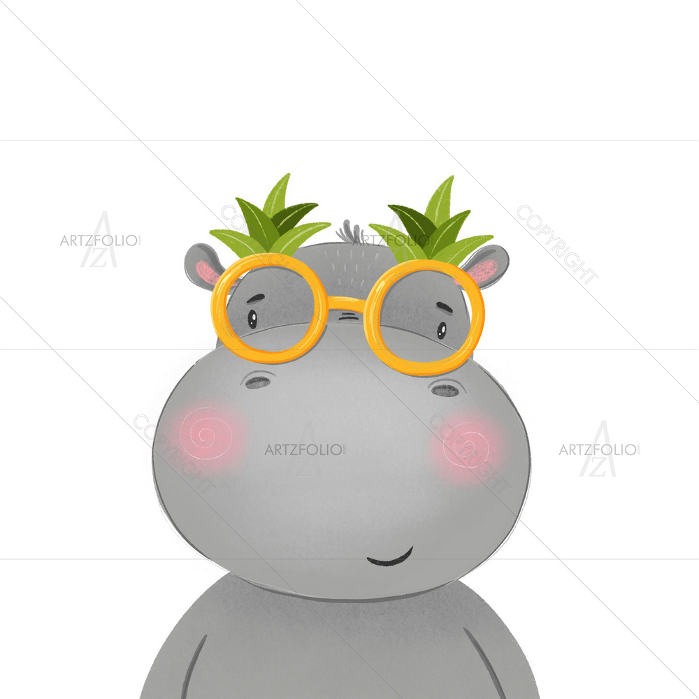 Summer Hippo with Flowers — Botanical custom art by ArtzFolio