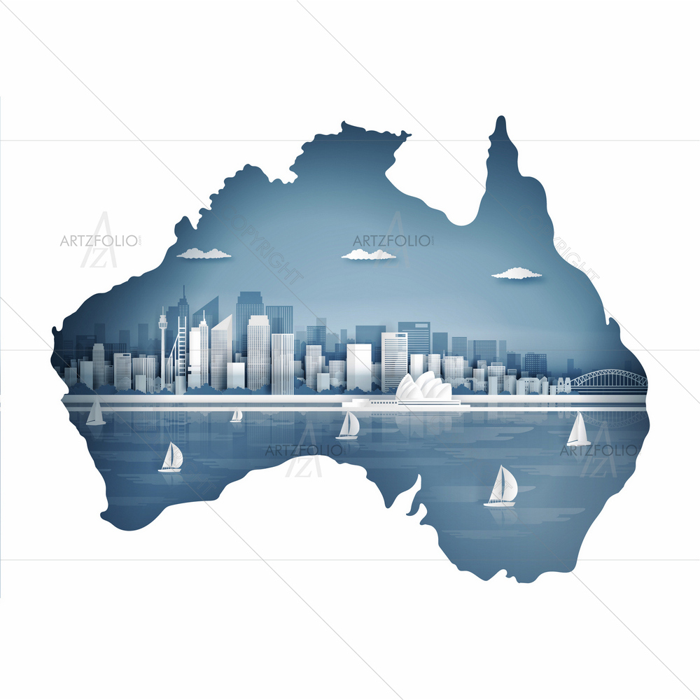 Australia Map with Famous Landscapes — Architecture custom art by ArtzFolio
