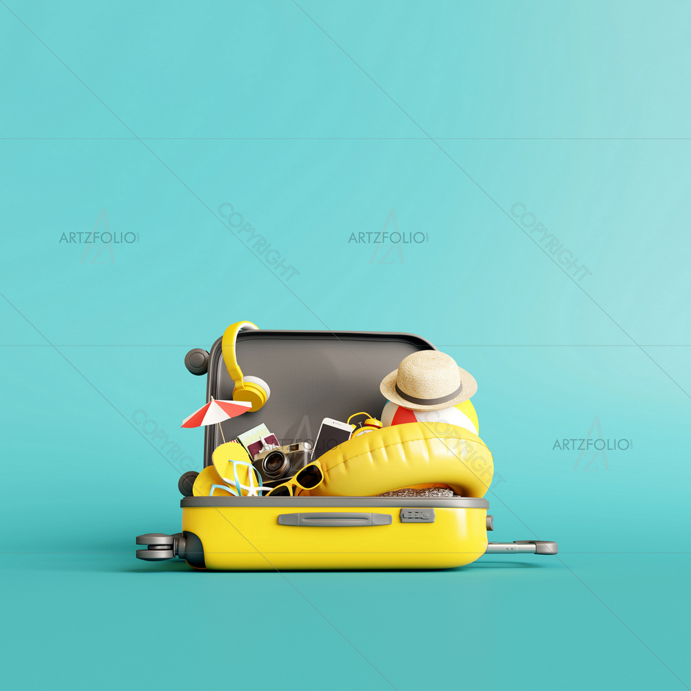 Yellow Suitcase with Traveler Accessories — Automobiles custom art by ArtzFolio
