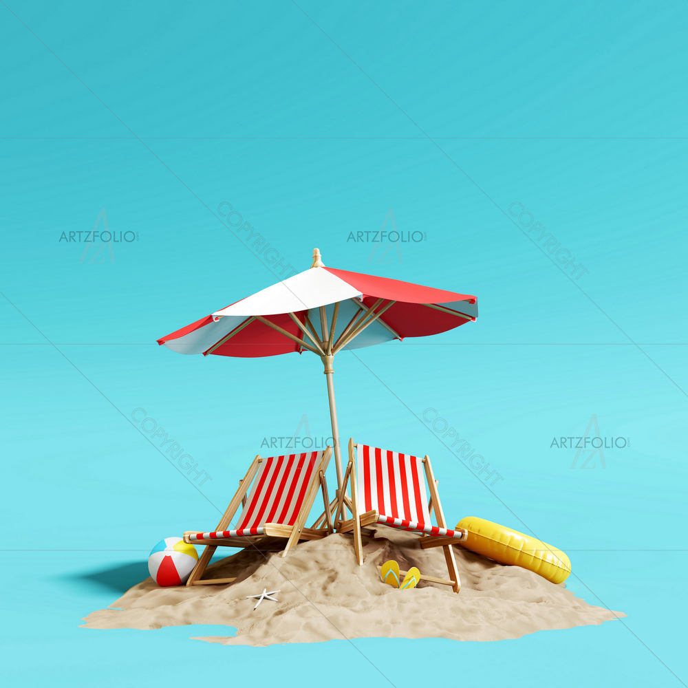 3D Beach Umbrella with Chairs — Automobiles custom art by ArtzFolio
