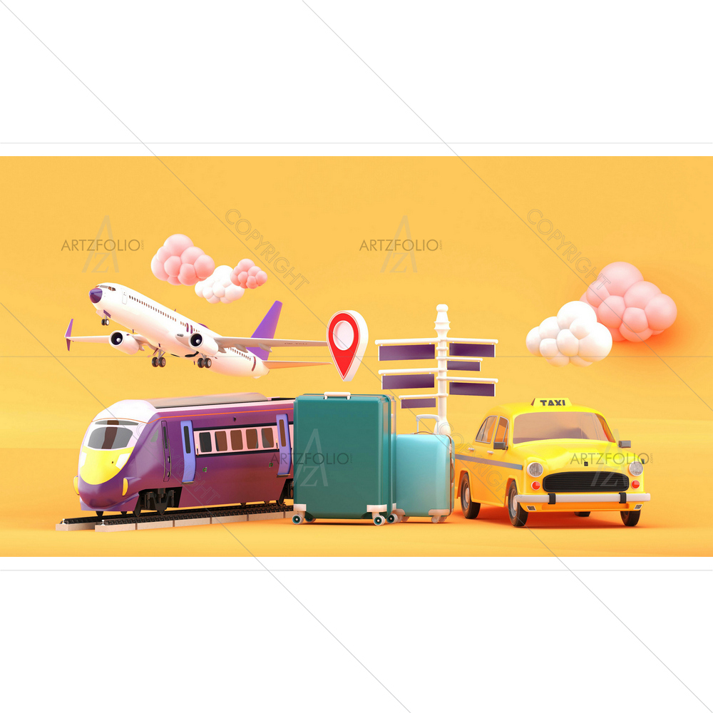 Suitcase Surrounded by Taxis, Trains — Automobiles custom art by ArtzFolio