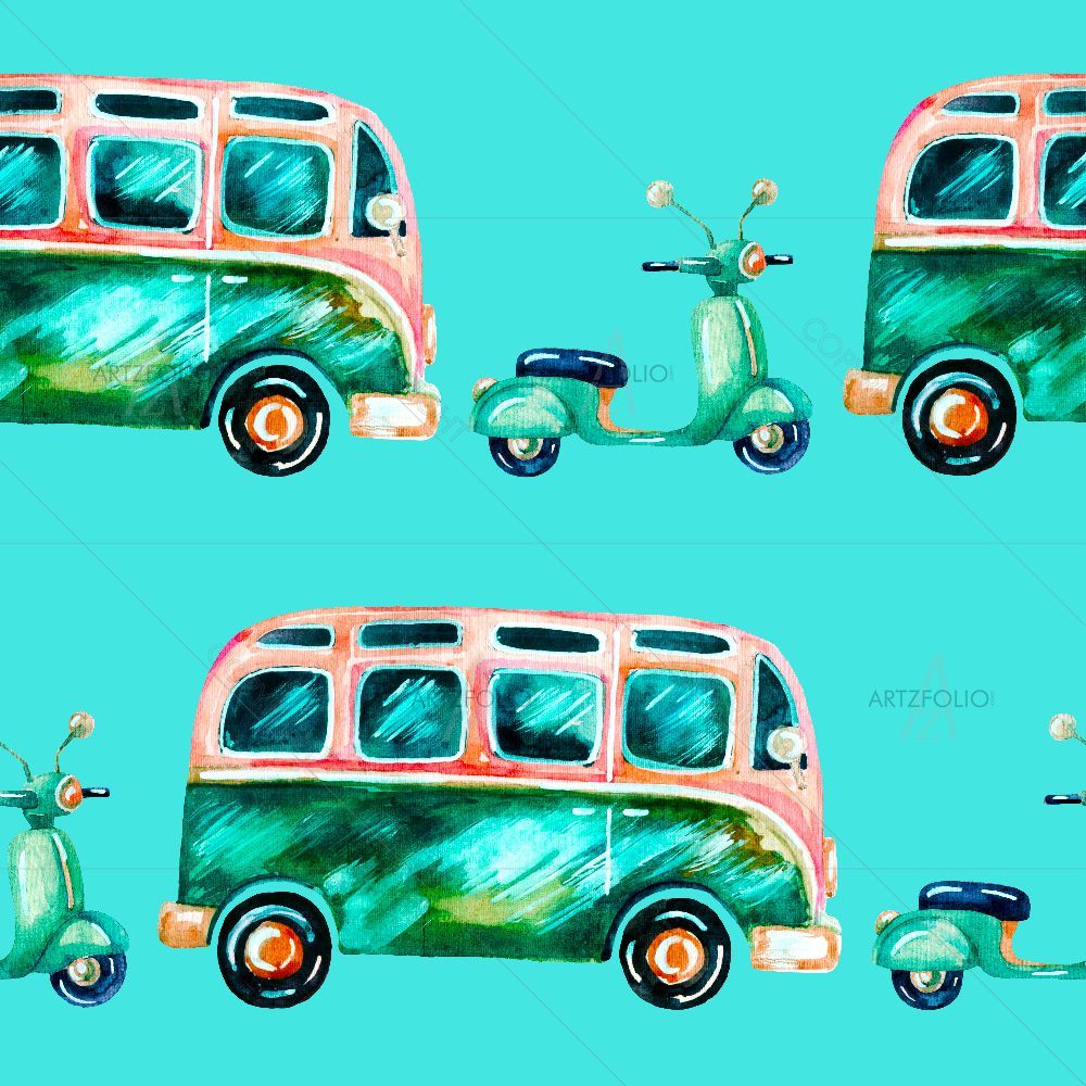 Hippie Camper Van and Scooter — Ancient custom art by ArtzFolio