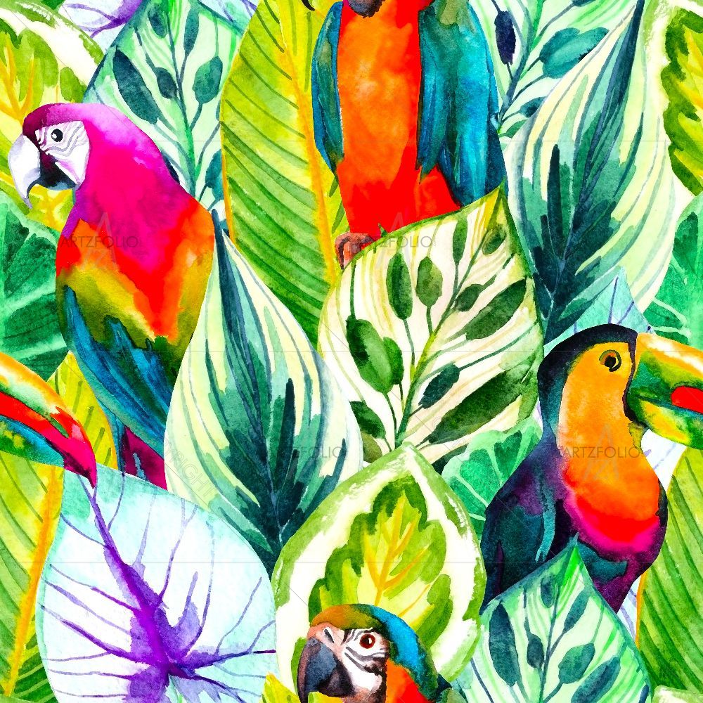 Watercolor Parrots on Tropical Leaves — Animals custom art by ArtzFolio