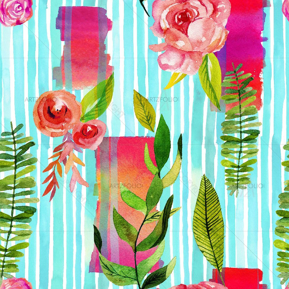 Flowers and Plants on Stripes — custom-size art design 5015592
