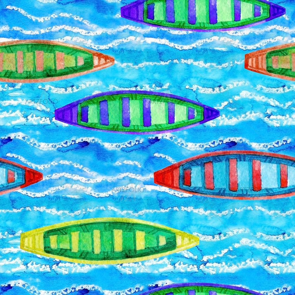 Watercolor Rowing Boats on Waves — custom-size art design 5015613