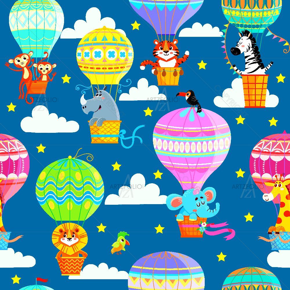 Colorful Hot Air Balloons and Animals — Botanical custom art by ArtzFolio