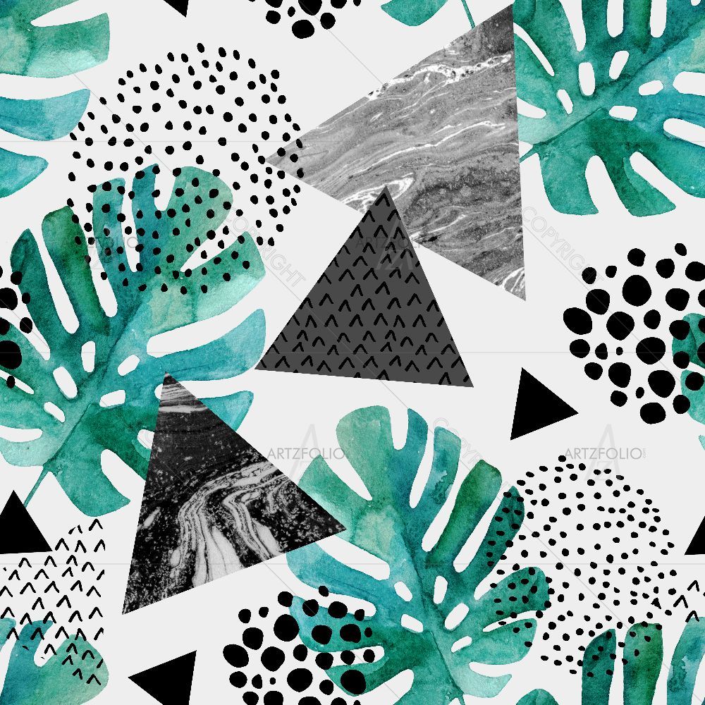 Watercolor Tropical Leaves & Triangles — custom-size art design 5015971