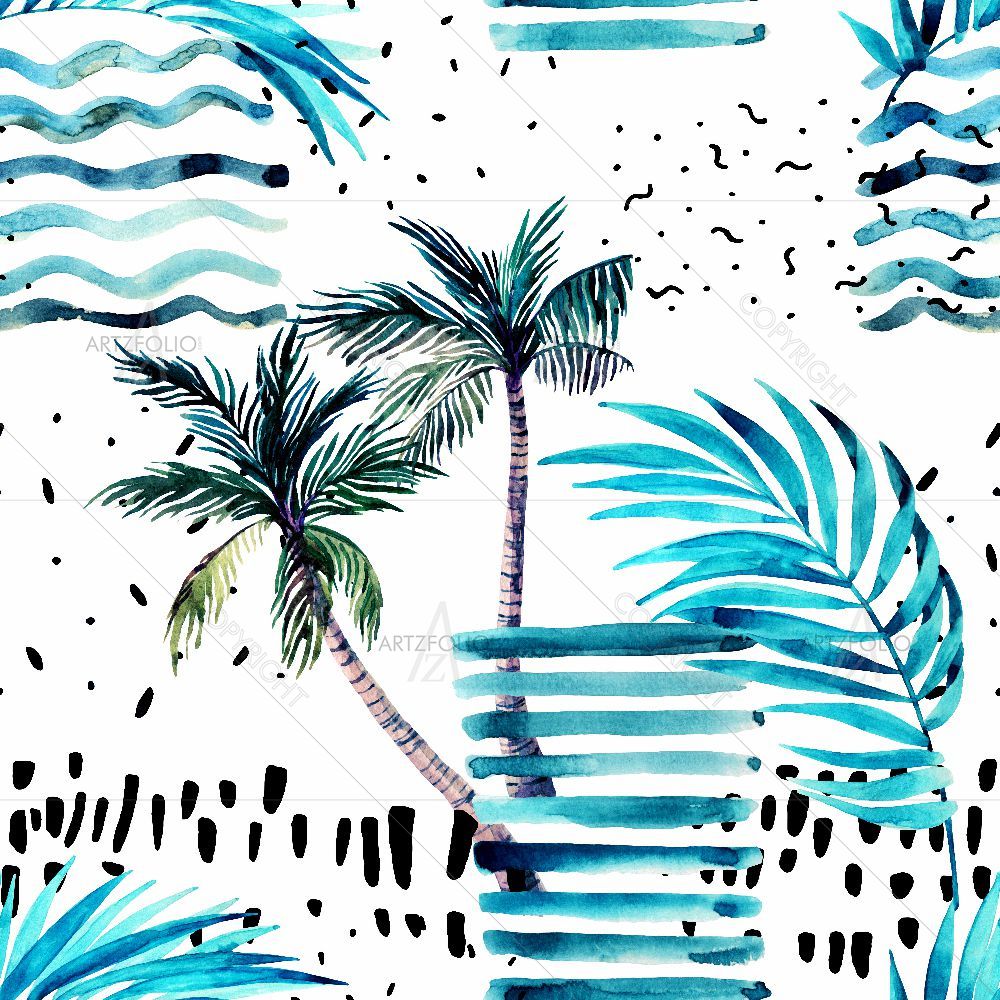 Blue Watercolor Palm, Monstera Leaves — custom-size art design 5016103