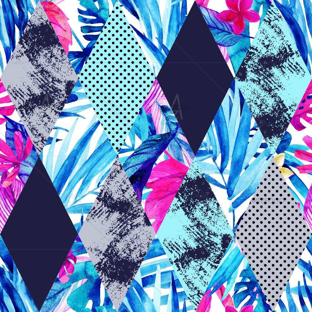 Watercolor Rhombi & Tropical Leaves — custom-size art design 5016130