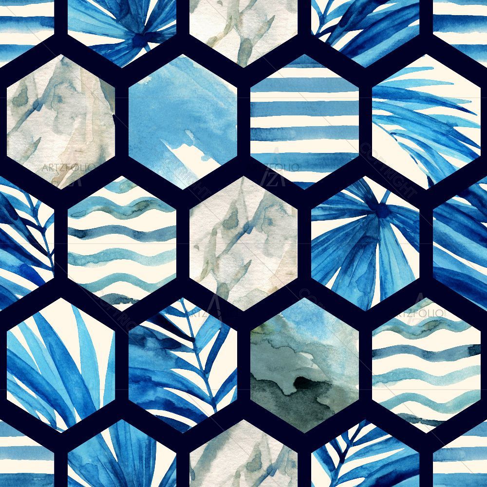 Watercolor Hexagon Palm Leaves — custom-size art design 5016232