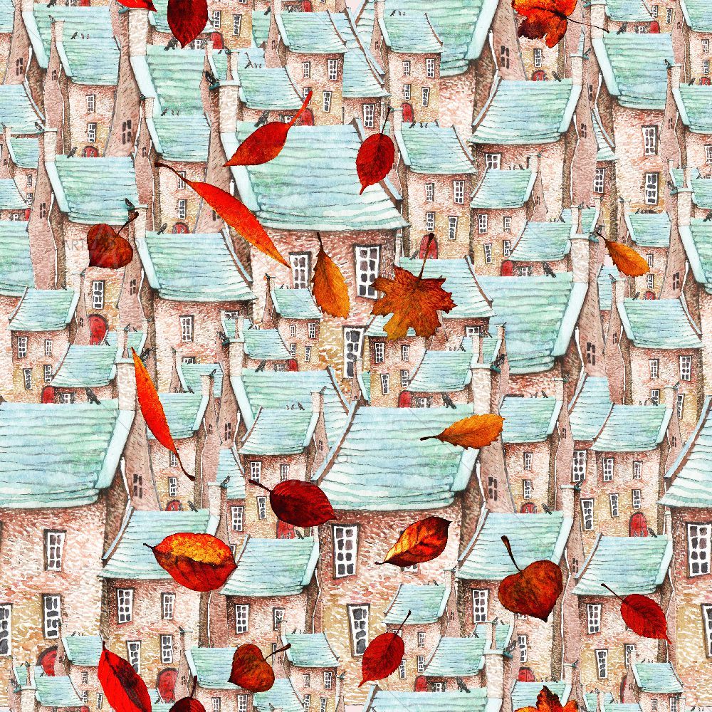 Falling Leaves and Old Town — custom-size art design 5016351