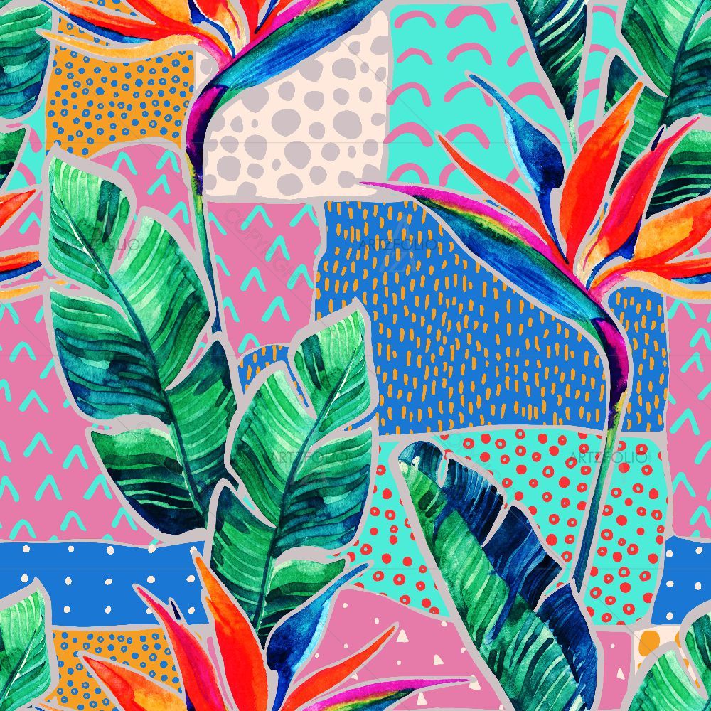 Watercolor Tropical Flowers With Doodles — custom-size art design 5016366