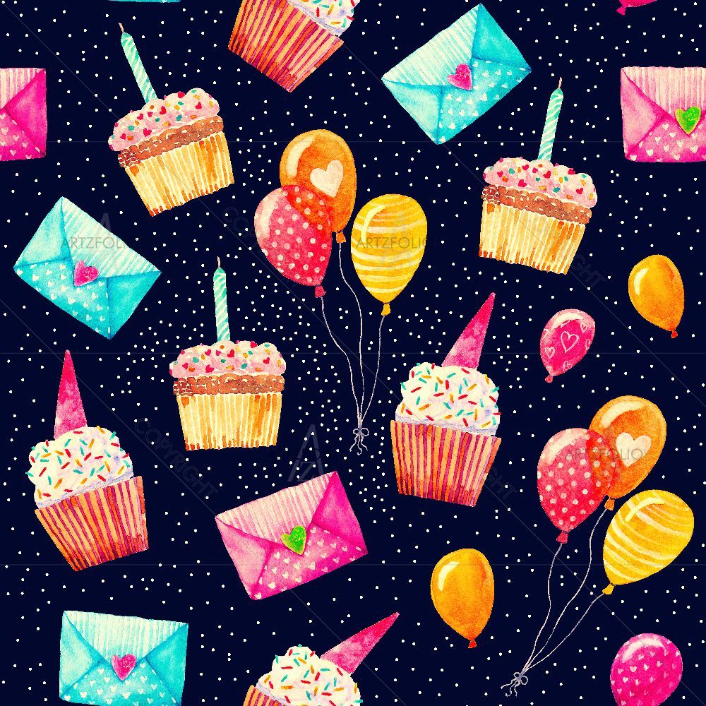 Retro Watercolor Cupcakes, Envelopes and Balloons — Ancient custom art by ArtzFolio