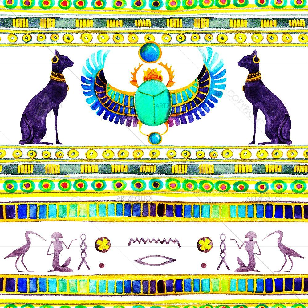 Egyptian Cats and Scarab Beetle — Ancient custom art by ArtzFolio
