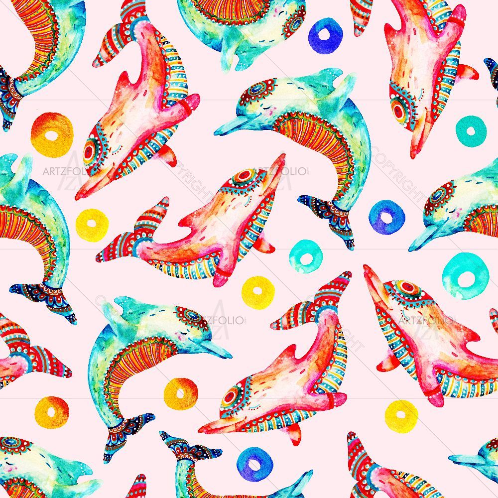 Watercolor Cartoon Dolphins — Animals custom art by ArtzFolio