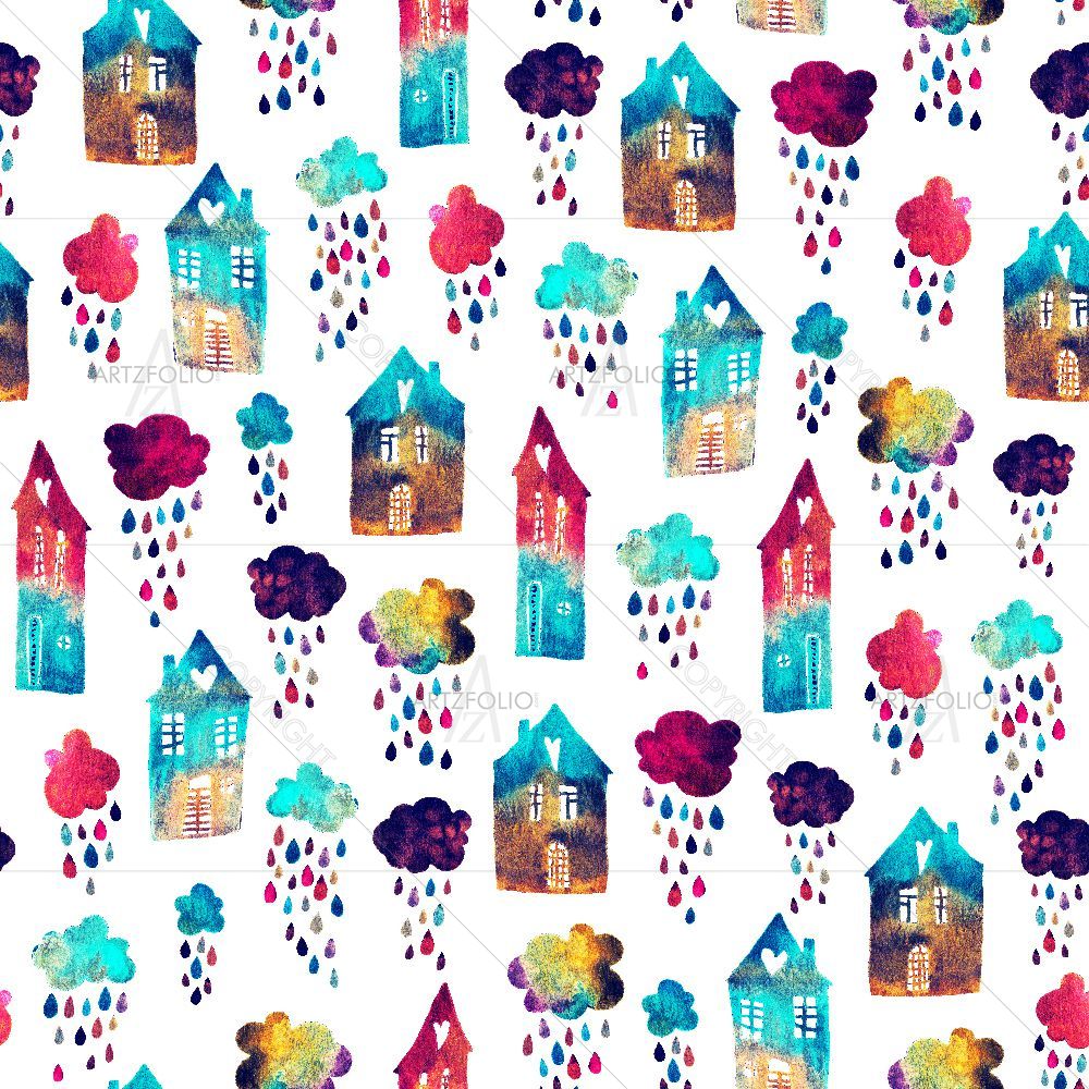 Houses and Clouds With Falling Raindrops D1 — custom-size art design 5016798