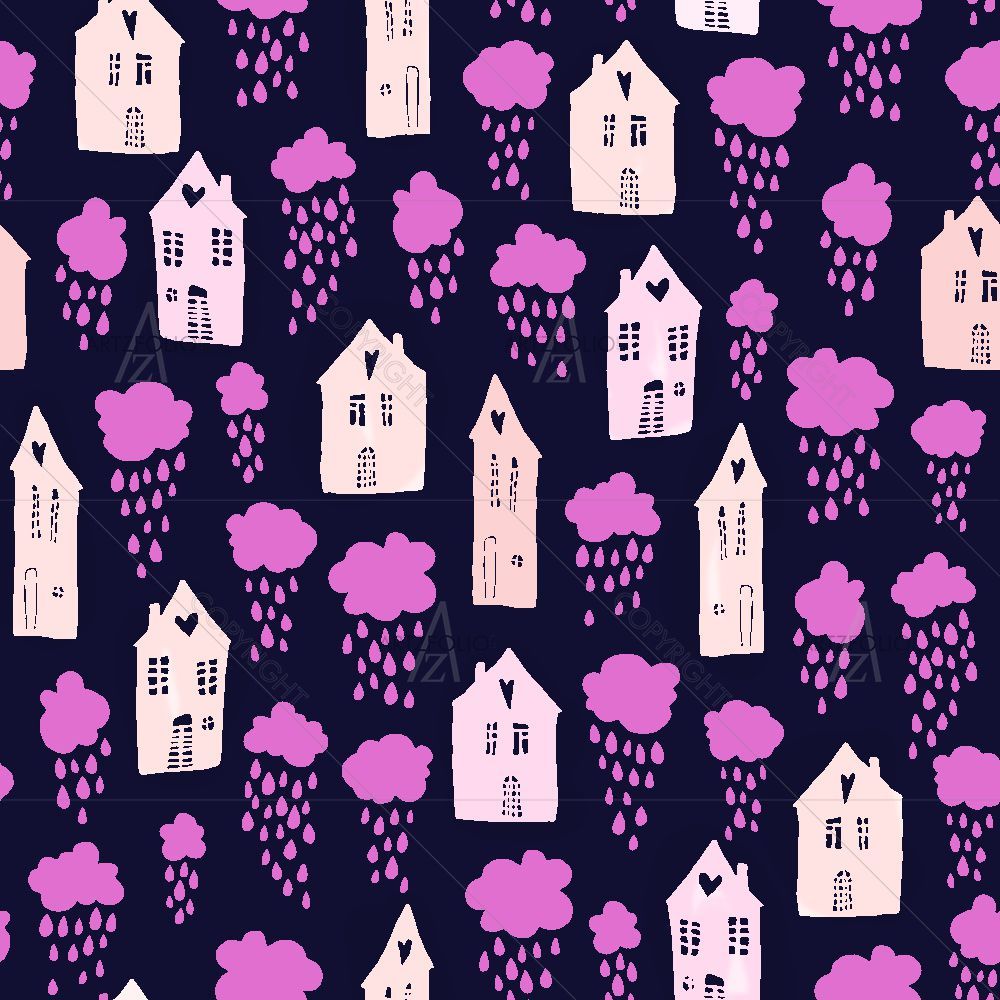 Houses and Clouds with Falling Raindrops D2 — custom-size art design 5016799