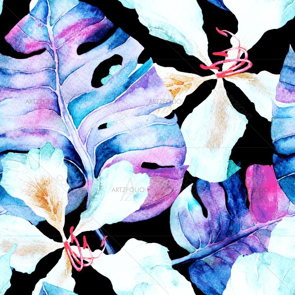 Tropic Flowers and Monstera Leaves D1 — custom-size art design 5016821